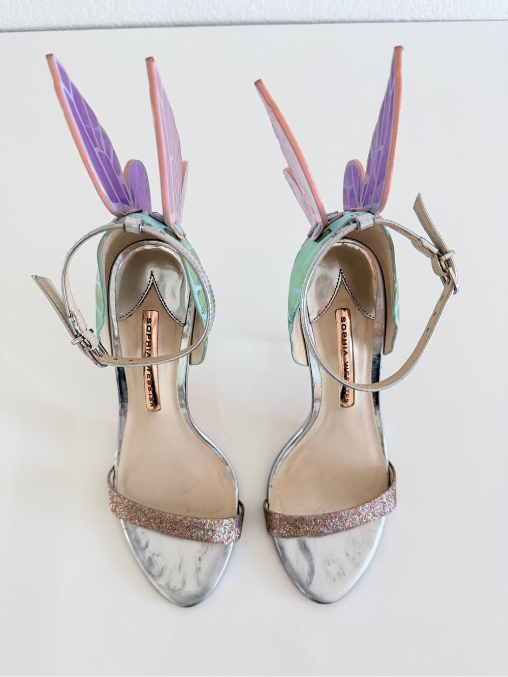 Sophia Webster Silver Heels with Pink & Purple Butterfly Wings - Picture 3 of 15